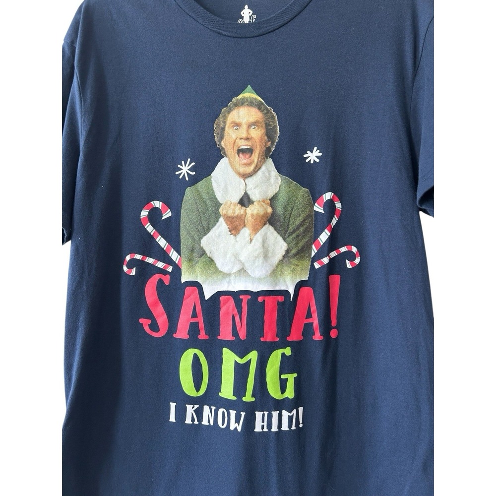 Elf Movie Santas Coming OMG I know Him Short Sleeve Crew Blue Shirt Size Large L - Picture 2 of 10